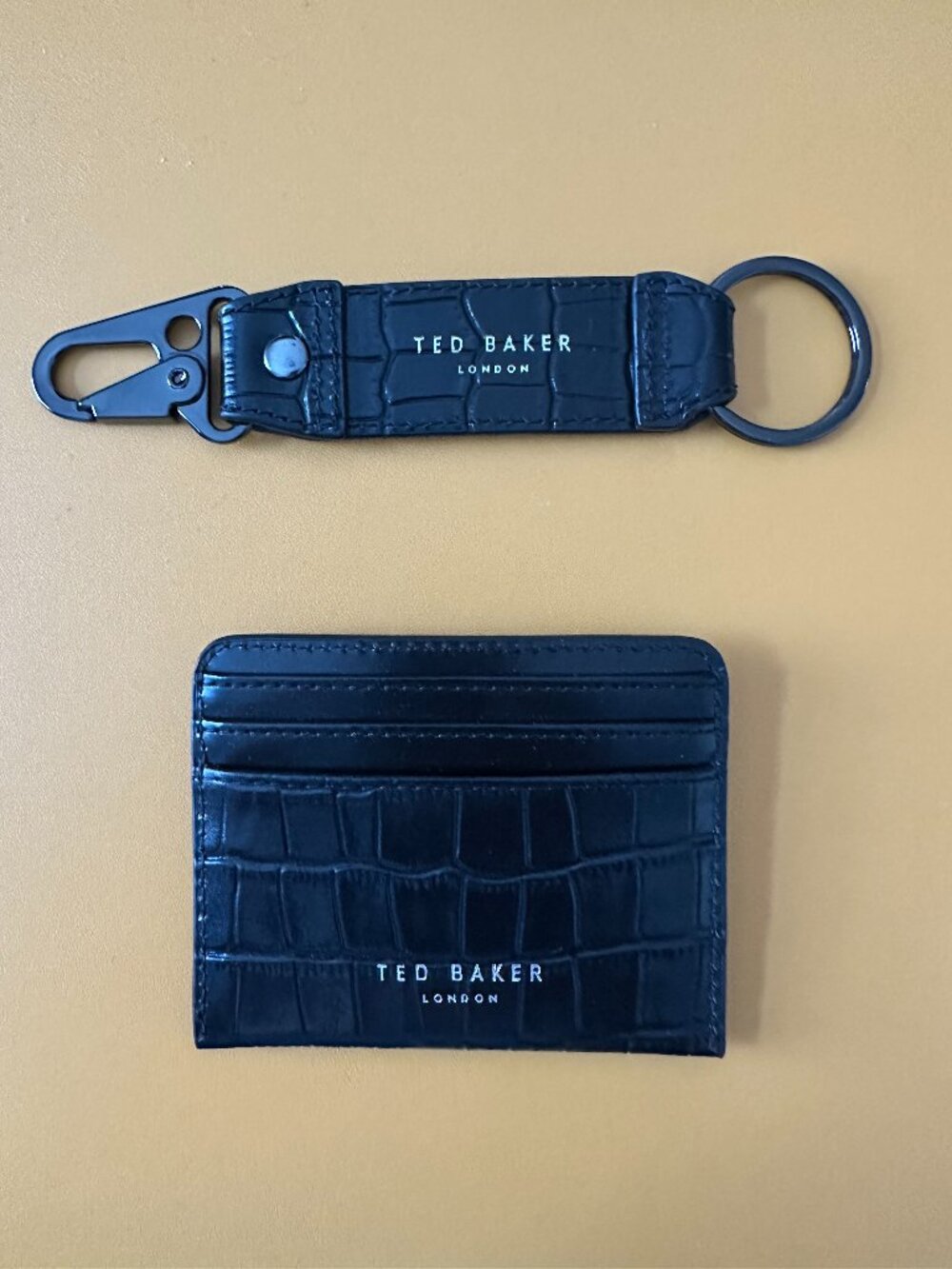 Ted Baker Romaiin Croc Embossed Black Leather Keyfob & Cardholder Set *NWOT*